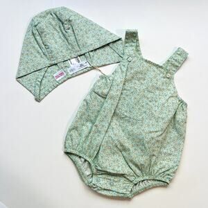 Zara Green Floral Bubble Romper & Bonnet NWT